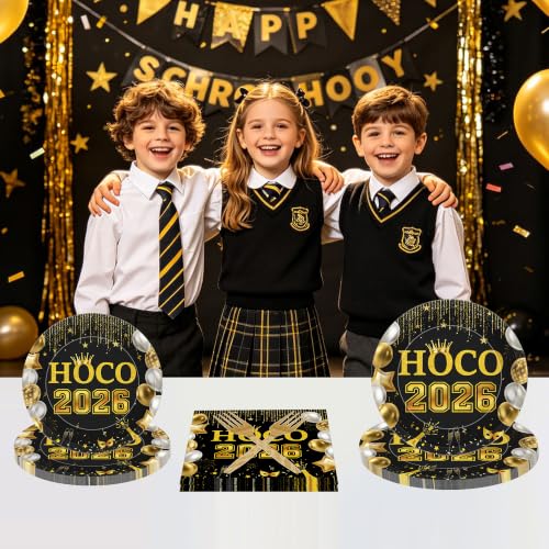 Black Gold HOCO 2026 Homecoming Decorations 96-Piece Party Set for 24 Guests