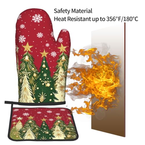 Christmas Tree Oven Mitts and Pot Holders Set - Pine Tree Design, 2 Pack