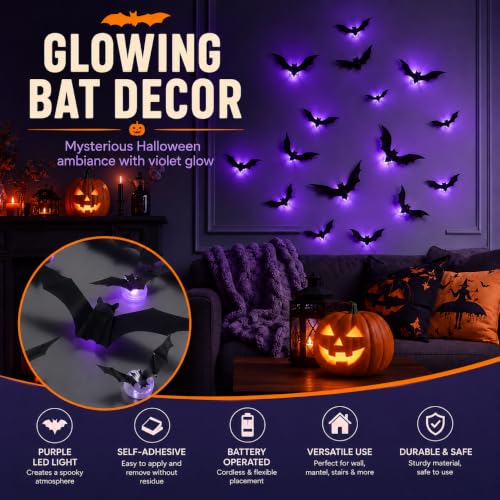 Spooky Glow 3D LED Bat Wall Decor Set - 12 Reusable Hanging Halloween Bats