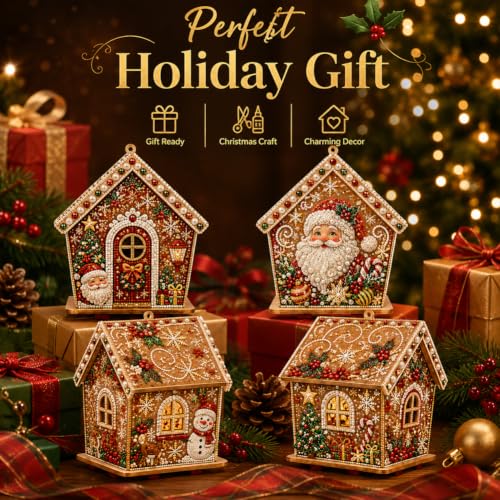 3D Wooden Christmas Gingerbread House Pearl Art Kit with Lights - Multiple Styles