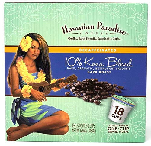 Hawaiian Paradise Coffee 10% Kona Dark Roast Decaffeinated -18 Count Single Serve Cups - Dark & Bold Flavor - Decaf - Compatible with Keurig K-Cup Brewers