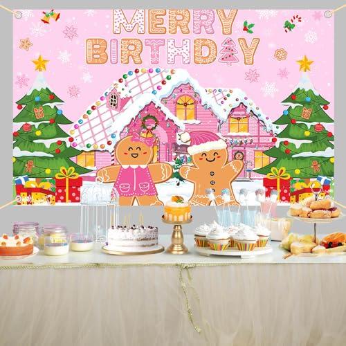 Pink Gingerbread Merry Birthday Banner Christmas Decoration Party Supplies