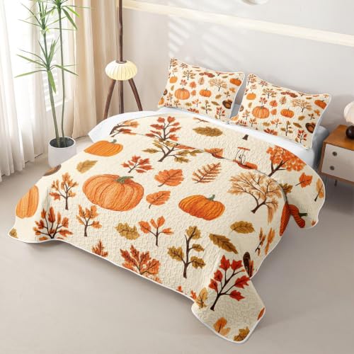 Castle Fairy Autumn Pumpkin Quilt Set Full Size with Pillow Shams - Orange Beige