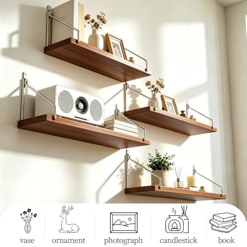 Walnut Floating Wall Shelves Set of 2 - 23.6 Inch Wall Mounted Storage