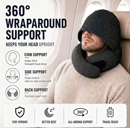 Black Travel Neck Pillow with Hood, Memory Foam Support & Eye Cover