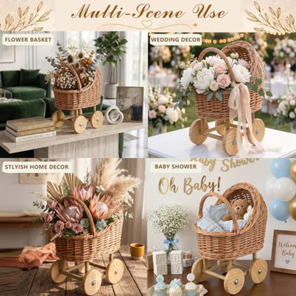 Light Brown 4-Piece Wicker Baby Carriage Set for Baby Shower Decor