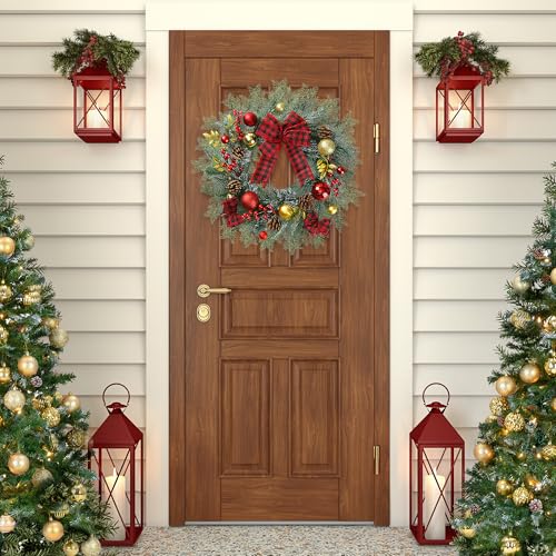 Artificial Christmas Wreath 20 Inch with Pine Needles Red Berries Pine Cones Buffalo Plaid Bow Christmas Decorations for Front Door - Red