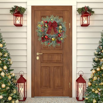 Artificial Christmas Wreath 20 Inch with Pine Needles Red Berries Pine Cones Buffalo Plaid Bow Christmas Decorations for Front Door - Red