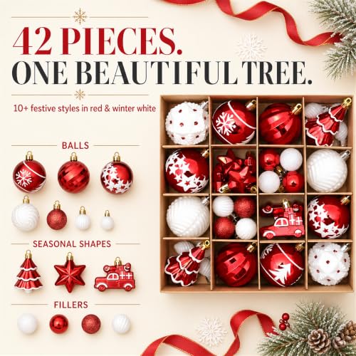 42 Pack Shatterproof Christmas Ornaments - Red & White Holiday Tree Decorations