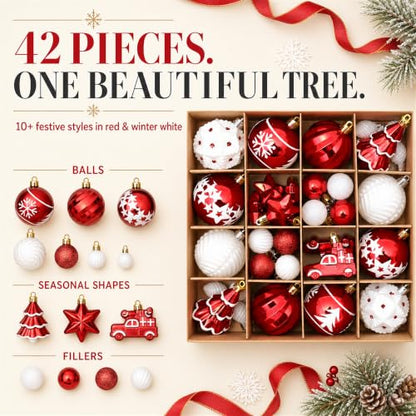 42 Pack Shatterproof Christmas Ornaments - Red & White Holiday Tree Decorations