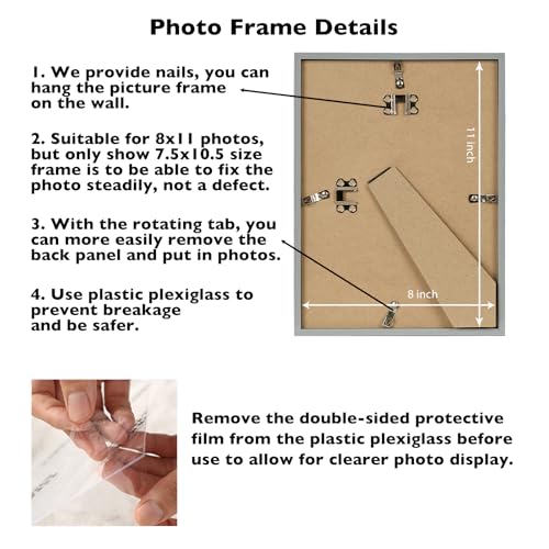 JCJMY 8x11 Picture Frame Silver Gray for Wall Hanging or Tabletop, Wall Mounting Horizontally or Vertically, 8 x 11 Wall Gallery Poster Photo Frame for 8 by 11 Photo, Silver Gray