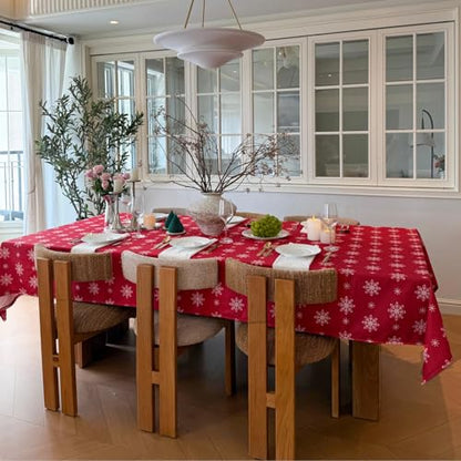 Red Snowflake Tablecloth 60x108 Inches - Holiday Spillproof Cotton Linen Cover for Christmas & Winter Parties - Variation: Red Dne / 108"x 60"