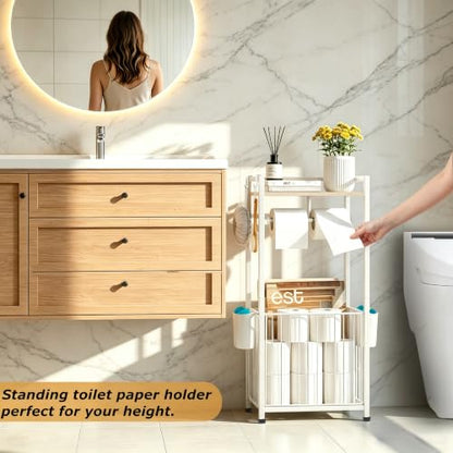 Freestanding Toilet Paper Holder Stand with Hooks & Storage - White