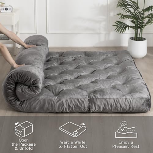 Japanese Floor Mattress Futon Queen Size Grey Foldable Roll Up Tatami Bed