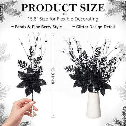 Black Glitter Artificial Poinsettia Picks - Christmas Decorations, 4 Pack