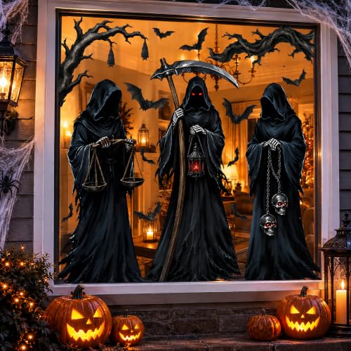 Large Halloween Grim Reaper Window Clings - Spooky Reaper & Bat Decorations