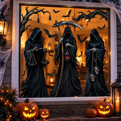 Large Halloween Grim Reaper Window Clings - Spooky Reaper & Bat Decorations