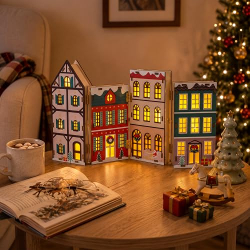 Foldable Wooden Christmas Village Decor with Built-in LED Lights - Rustic Holiday Scene