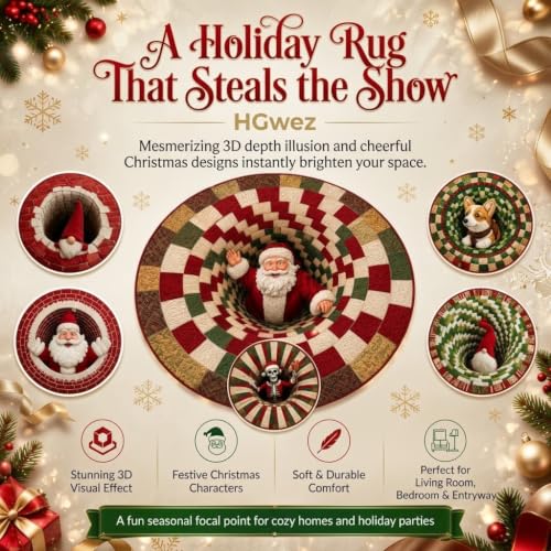 Christmas 3D Vortex Santa Floor Mat - Round Optical Illusion Rug, 39.37in, Anti-slip, Easy Clean