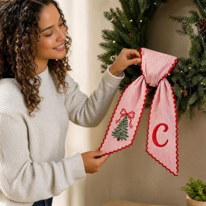 Christmas Wreath Sash for Front Door Red White Striped Fabric Bow with Printed Tree & Letter - Variation C