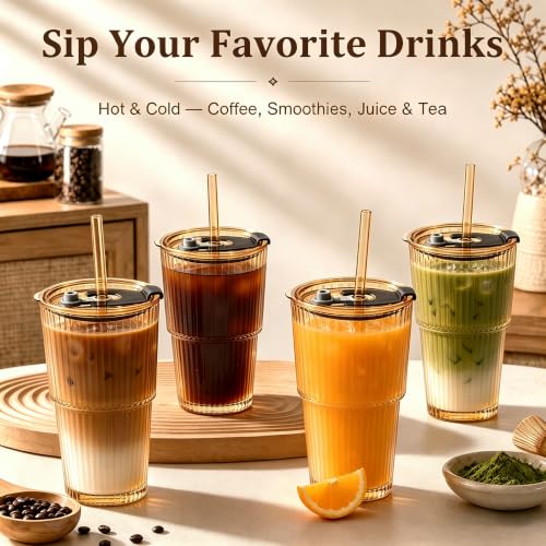 Amber Ribbed Glass Iced Coffee Cup 20oz with Leak-Proof Lid & Straw - Set