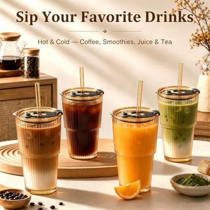 Amber Ribbed Glass Iced Coffee Cup 20oz with Leak-Proof Lid & Straw - Set