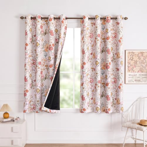 Pink Floral Blackout Curtains for Girls Bedroom 52 x 63 Inches - Pack of 2