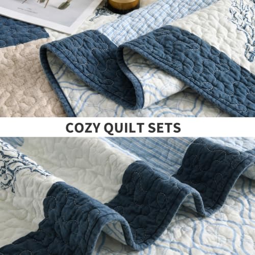 PERHOM Reversible Nautical Cotton Quilt Set Queen Navy Blue Light Blue Beige 98x90