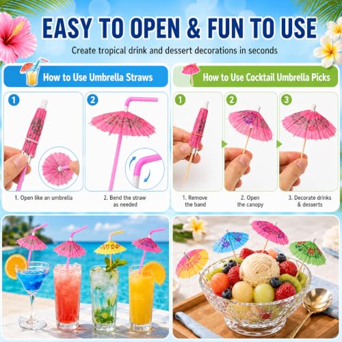 50 PCS Colorful Tropical Cocktail Umbrella Straws and Picks Set