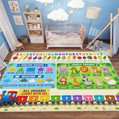 Kids Learning Rug - Alphabet Fruit Vegetable Number Train Carpet 5x6 Rectangular