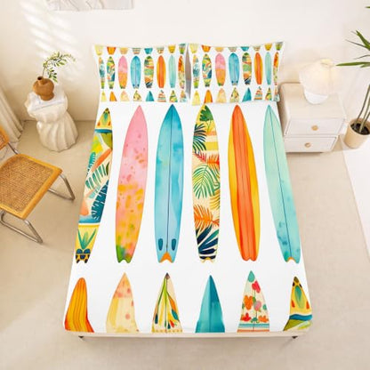 Colorful Surfboard Bed Sheets Set Full Size Beach Style Kids Bedding - Tropical Wave Print