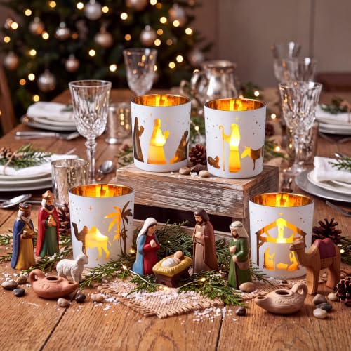 Christmas Nativity Scene Candle Holders Set - Frosted Glass Votive Holders, Religious Decor