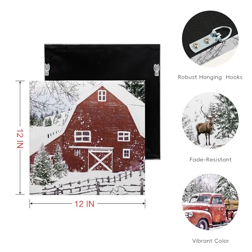 Christmas Canvas Wall Art Decor Set - Snowy Scene Rustic Holiday Prints 12x12 Inches