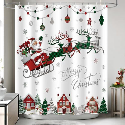 APROPHIC White Christmas Shower Curtain - Red & Green Buffalo Plaid Claus Santa Snowflake Winter Decor 72x72 in