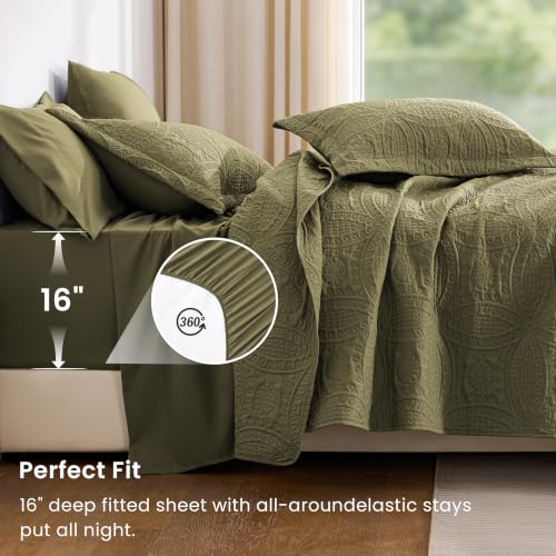 King Size Quilt Set with Sheet Set - Coin Pattern Green, 7 Pieces