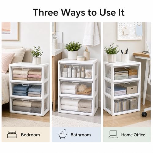 White 3 Drawer Plastic Storage Tower Wide Closet Organizer - Kids Safe