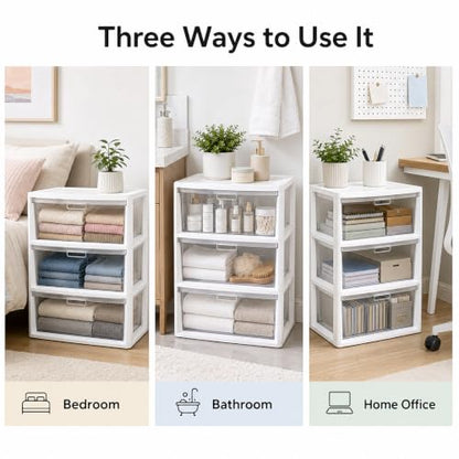 White 3 Drawer Plastic Storage Tower Wide Closet Organizer - Kids Safe