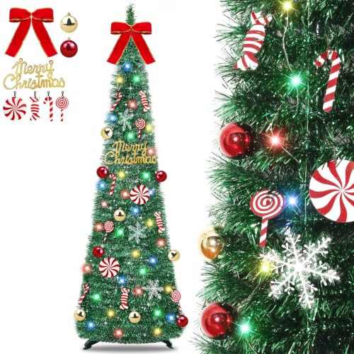 Green 6 Ft Pop Up Christmas Tinsel Tree with Lights & Ornaments - Collapsible Holiday Decor