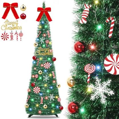 Green 6 Ft Pop Up Christmas Tinsel Tree with Lights & Ornaments - Collapsible Holiday Decor
