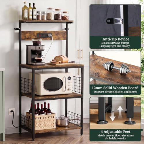 23.6-Inch Kitchen Bakers Rack with Power Outlet, Microwave Stand, Brown