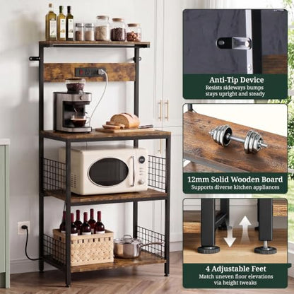 23.6-Inch Kitchen Bakers Rack with Power Outlet, Microwave Stand, Brown