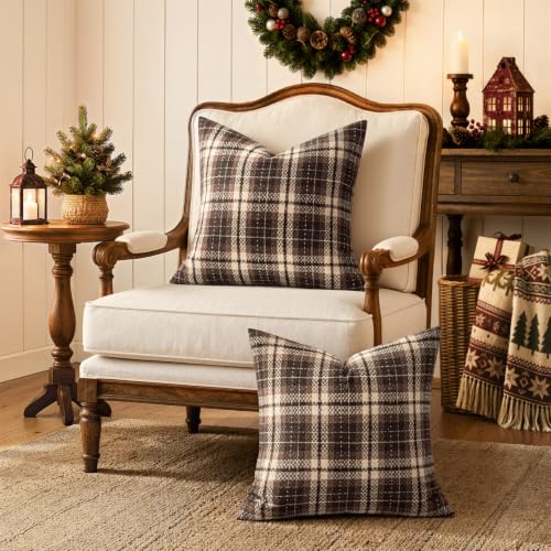 18x18 Inch Tartan Plaid Throw Pillow Covers Set of 2 Coffee Brown Fall