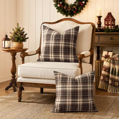 18x18 Inch Tartan Plaid Throw Pillow Covers Set of 2 Coffee Brown Fall