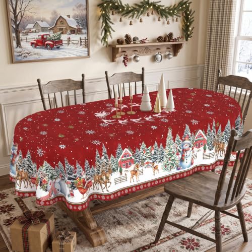 Red Oval Christmas Tablecloth 60 x 102 Inches Waterproof Holiday Decor - Variation of Christmas Red / 102" x 60" (Oval)