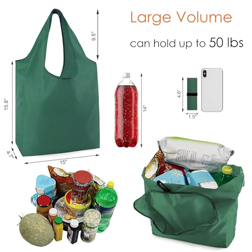 BeeGreen Reusable Grocery Bags Bulk Set - Dark Green Foldable & Washable with Zipper Pouch - 50 Pack