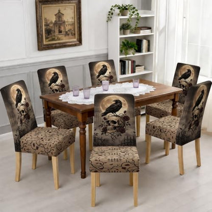Black Skull Chair Covers for Dining Chairs - Gothic Roses Crow Halloween 6pcs