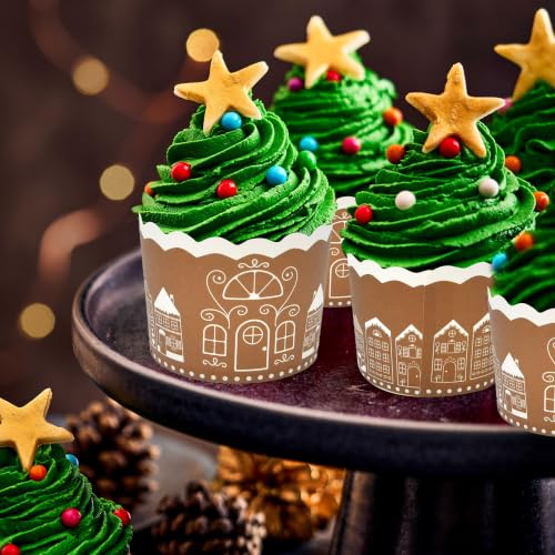 Gingerbread House Christmas Cupcake Liners, 100 Pcs Disposable Paper Baking Cups