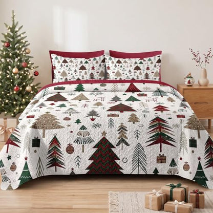 Queen Christmas Quilt Set with Tree Retro Bedding 3 Pieces - Forest Variation