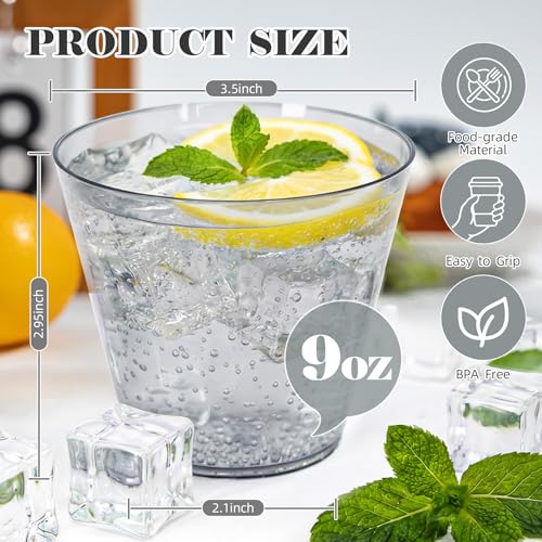 50 Pack 9oz Transparent Black Plastic Cups - Disposable Cocktail Glasses