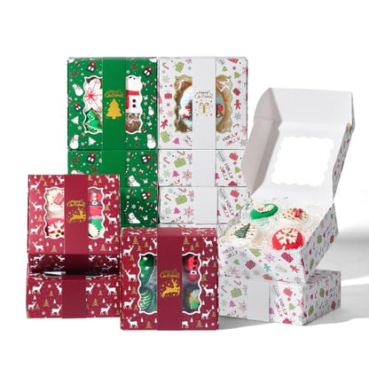 12 Pack Christmas Cookie Boxes with Window & Gold Band - Small 6x6x2.5 Inches, Multi Colors